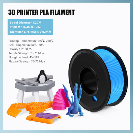 Haosegd 3D Printer Filament PLA 1.75mm 3-D Printing Materials 5 Colors Bundle Print Filimate 1.75 mm Orange Green Blue Yellow Purple Filiment1.75 Accuracy ±0.02mm Fillament Spool Vacuum Pack 250G X 5 Haosegd