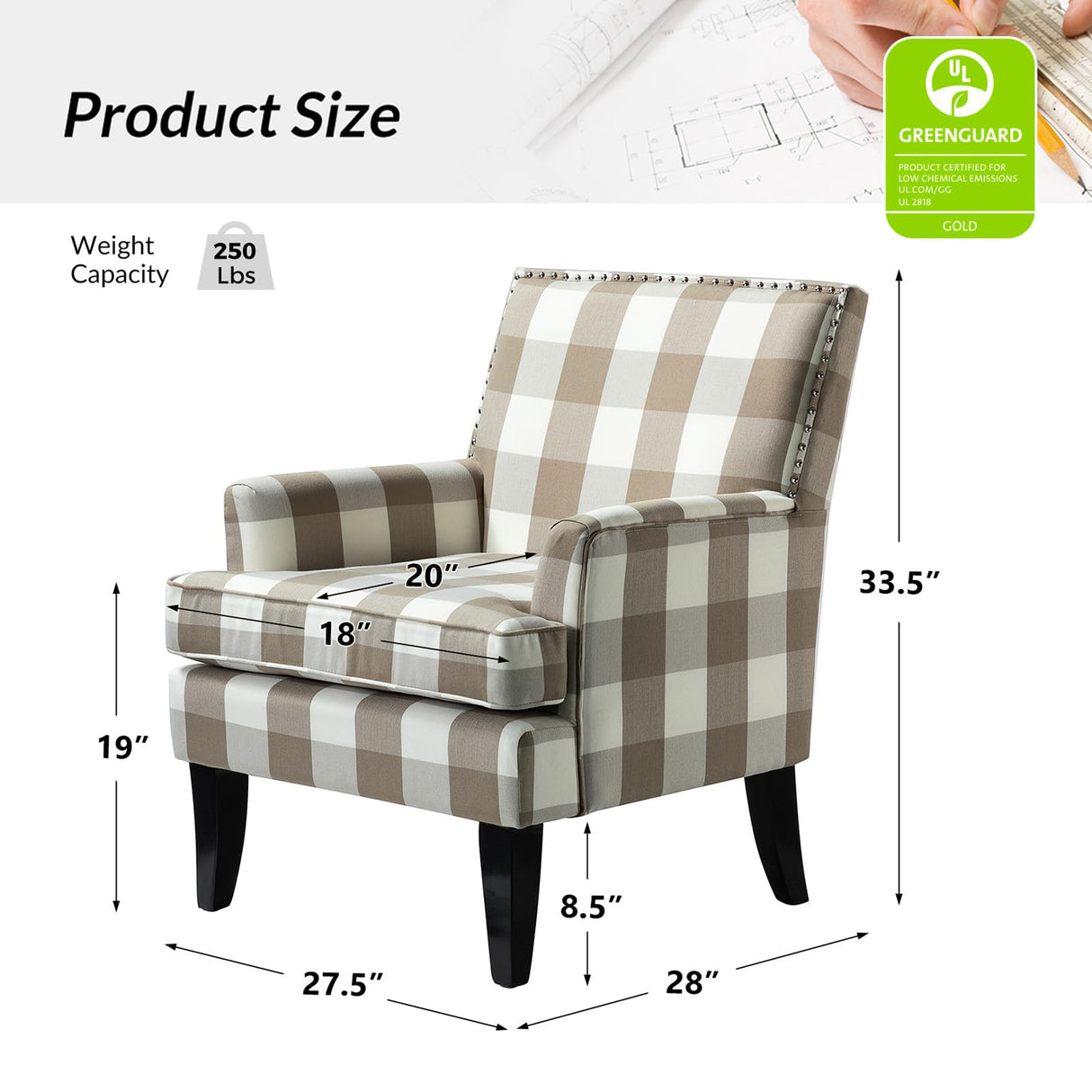 HULALA HOME Modern Accent Chair with Arms and Wooden Legs, Mid Century Accent Chair Armchair High Back Rest, Padded Armrest and Comfortable Cushioned Seat for Living Room (Buffalo Beige) HULALA HOME