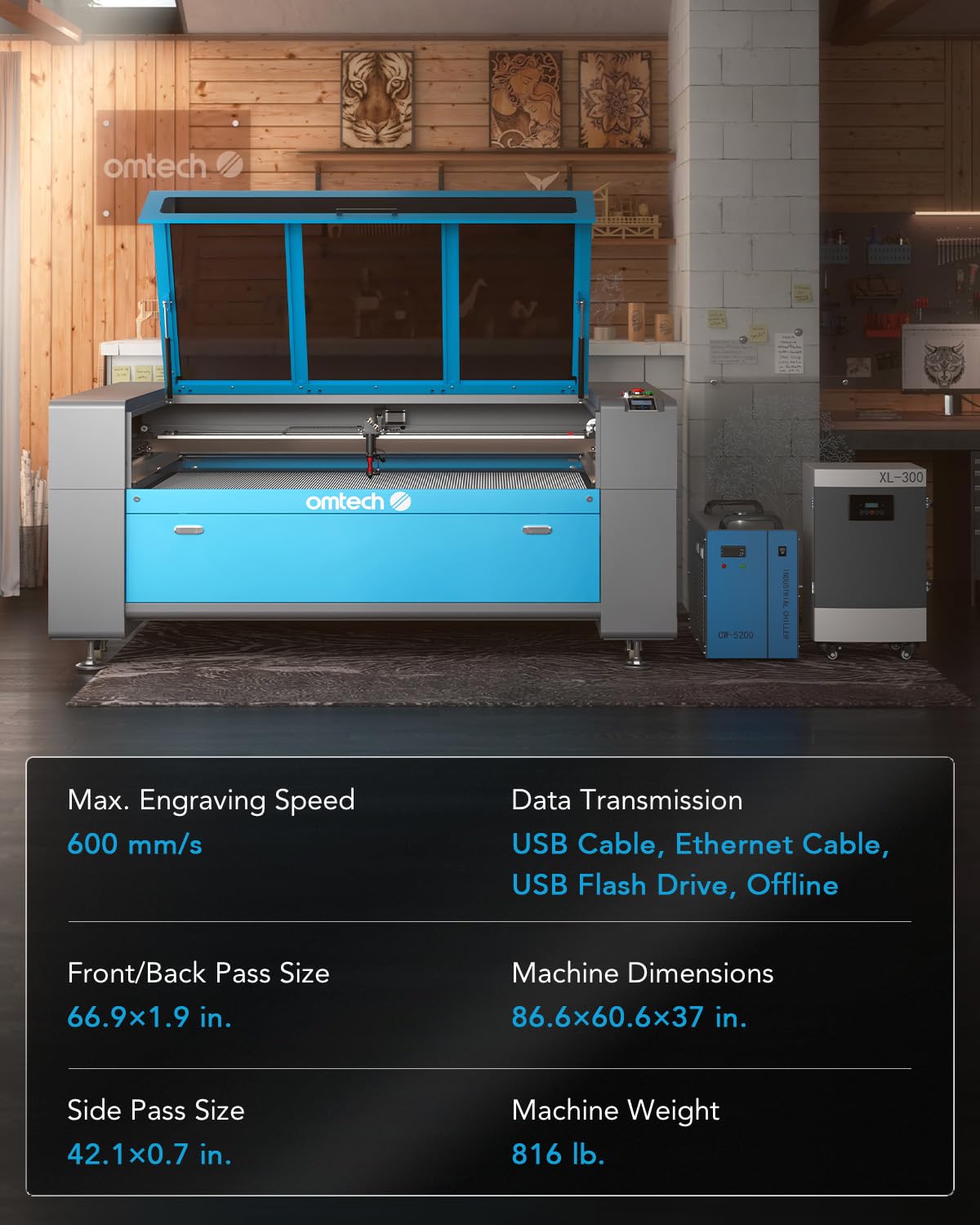 OMTech 150W CO2 Laser Engraver, 40x63 Inch Laser Cutting Machine with Autofocus Autolift 3 Way Pass Air Assist Caster Wheel, Industrial Laser Cutter Engraving Etching Machine for Wood Glass Acrylic