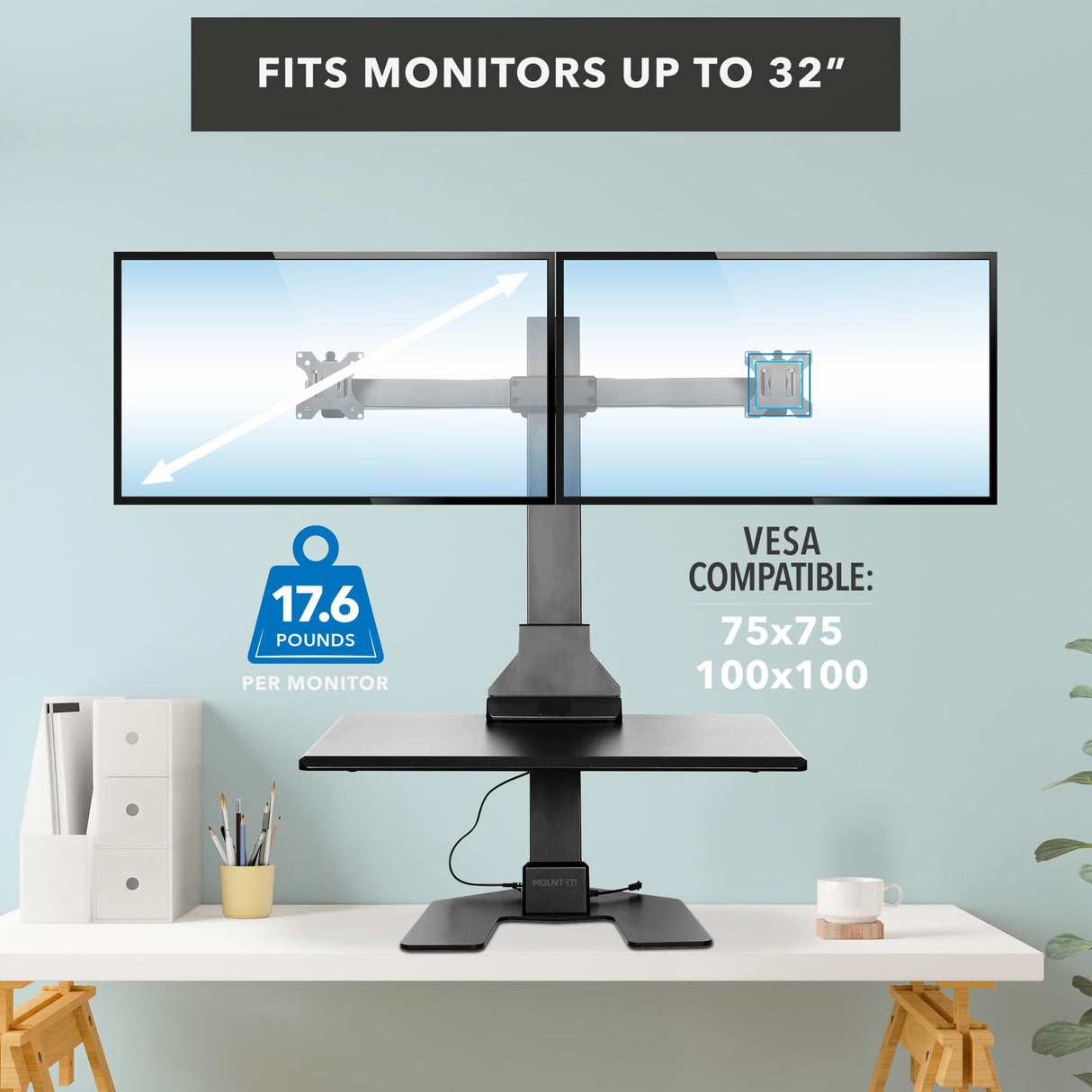 Mount-It! Double Monitor Electric Standing Desk Converter - 2 Screens Stand Up Desk Riser - Height Adjustable Desktop & 2 Mounts for Screens up to 32", Sit-Stand Convertor for Home, Office, School Mount-It!