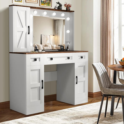 CUOZOVA Farmhouse Vanity Desk with Mirror and Lights, Glass Tabletop Vanity with Charging Station，Vanity Table with 3 Drawers & 3 Cabinets, White Rustic Makeup Vanity for Bedroom