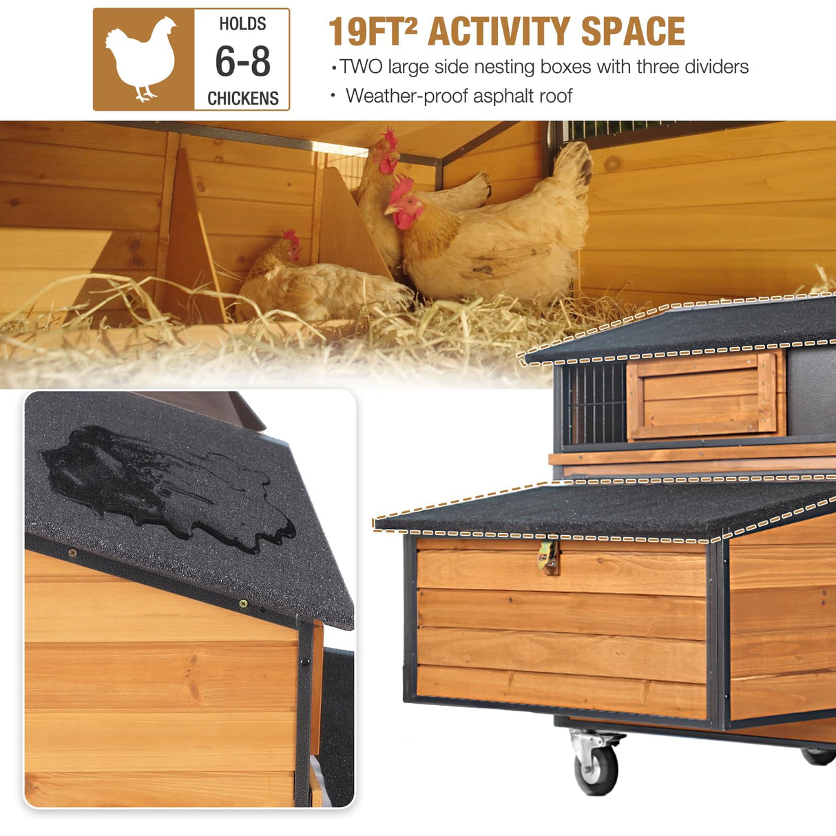 Chicken Coop Large Wooden Chicken Tractor for 6–8 Chickens, Outdoor Hen House with Metal Run Poultry Cage-Upgraded All Metal Frame Suumerpety