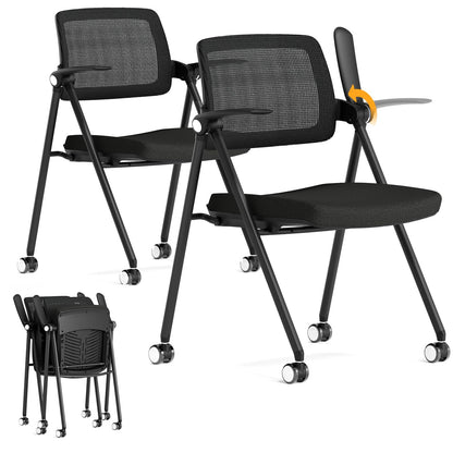 FYLICA Stackable & Foldable Office Chair Set of 2, Folding Desk Chair with Flip-Up Armrest, Breathable Mesh, Thick Seat Cushion & Rocking Backrest, Conference Room Chair with Wheel (Black) - WoodArtSupply