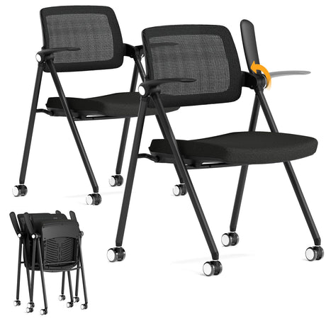 FYLICA Stackable & Foldable Office Chair Set of 2, Folding Desk Chair with Flip-Up Armrest, Breathable Mesh, Thick Seat Cushion & Rocking Backrest, Conference Room Chair with Wheel (Black) FYLICA