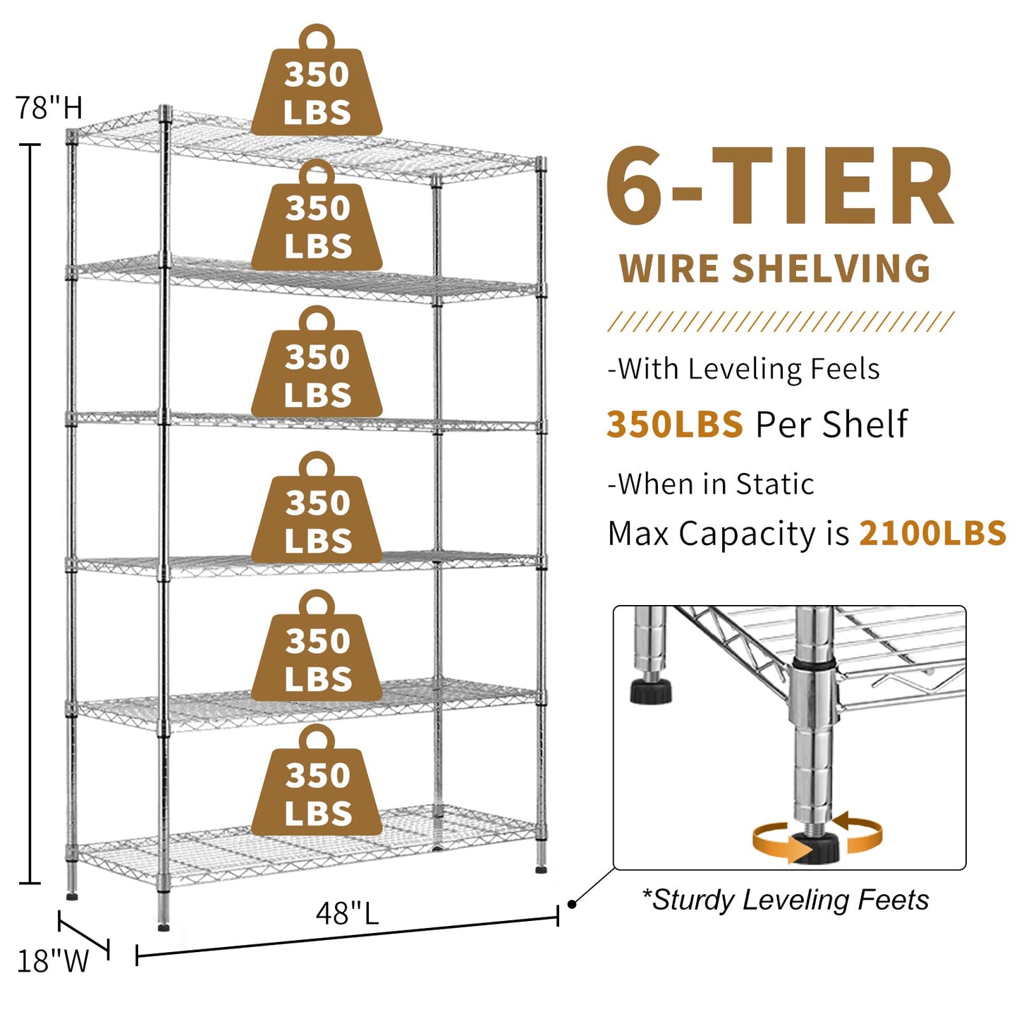 YYkokocat 6-Tier Adjustable Storage Shelves Heavy Duty Wire Shelving Unit with Wheels 2100Lb Metal Layer Rack Shelf NSF Shelving for Closet Kitchen Garage, 82" H x 48" L x 18" D - Chrome