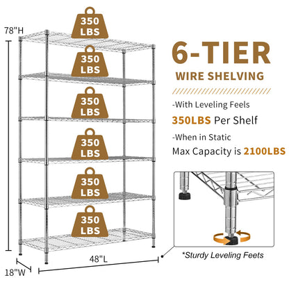 YYkokocat 6-Tier Adjustable Storage Shelves Heavy Duty Wire Shelving Unit with Wheels 2100Lb Metal Layer Rack Shelf NSF Shelving for Closet Kitchen Garage, 82" H x 48" L x 18" D - Chrome