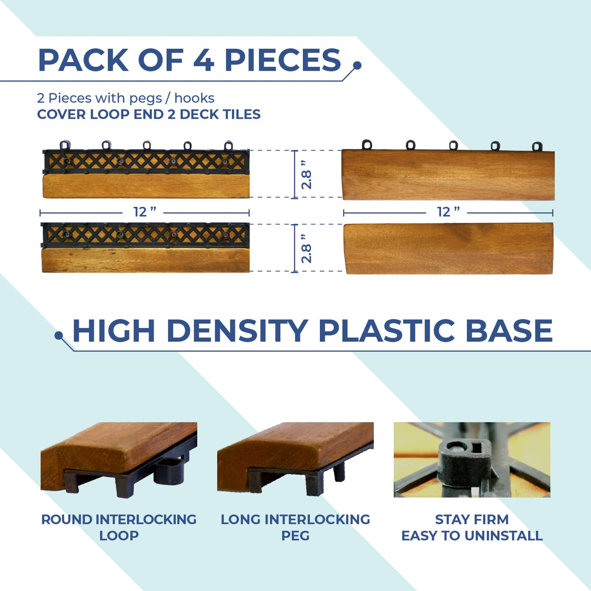 CLOVERHOLM Pack of 4 Pieces Teak Deck Tiles Border (2 Male-Pegs, 2 Female-Hook), Trim Pin End of Outdoor Floor Tiles, Loop End Piece for 12”x12" Shower Floor Wood, Dance Floor (12 Inch, Natural) CLOVERHOLM