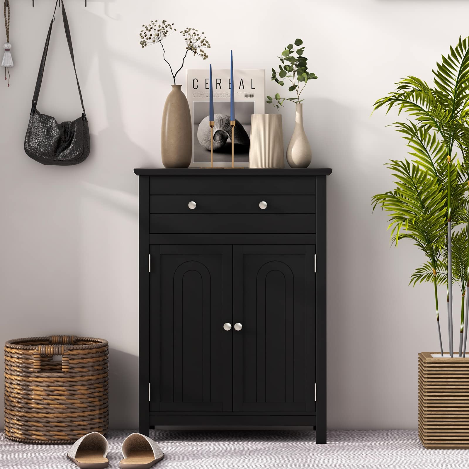 Tangkula Freestanding Black Bathroom Floor Cabinet with Adjustable Shelves and Large Drawer - WoodArtSupply