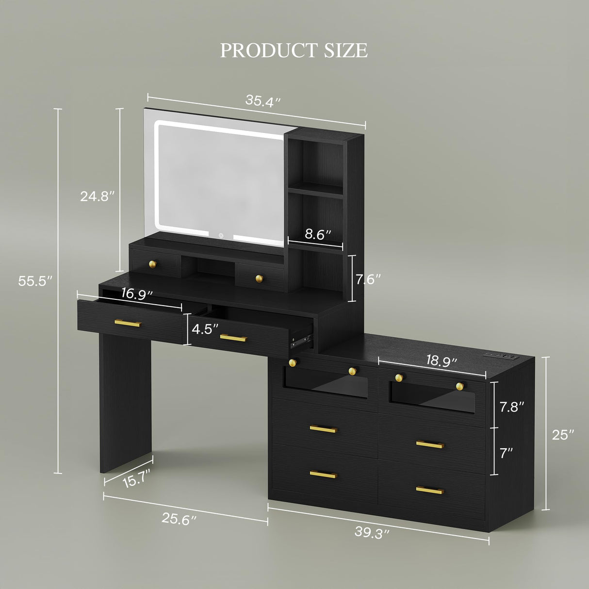 DWVO Vanity Desk with Mirror and Light, 65" Makeup Mirror Table Set with 3 Lighting Modes Adjustable, Large Makeup Dressing Vanity Table with Charging Station, 10 Drawers and 4 Storage Shelves, Black DWVO