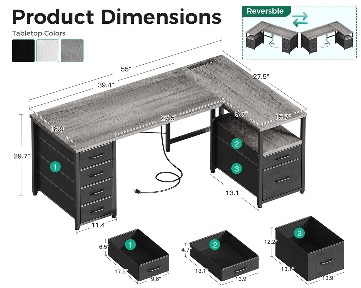 Coleshome L Shaped Computer Desk with 6 Drawers & Power Outlet, 55 Inch Corner Desk with Reversible Storage Shelf & File Drawer, Home Office Desk, Grey Oak Coleshome
