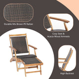 HAPPYGRILL Lounge Chair Table Set Outdoor Acacia Wood Lounge Chair with Wicker Side Table Folding Chaise Lounge with Retractable Ottoman for Garden Balcony Poolside HAPPYGRILL