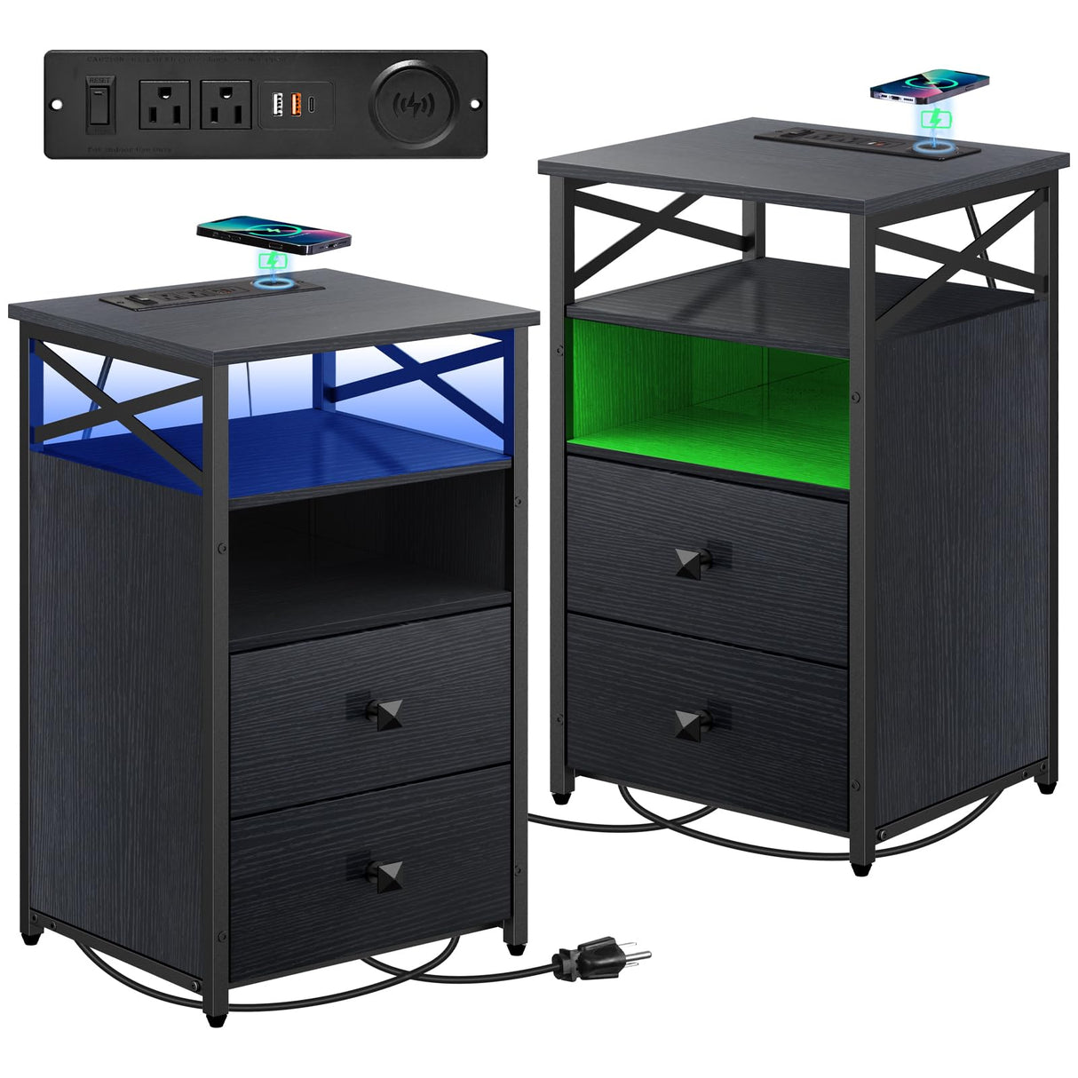Livofloral End Table Set of 2 with Charging Station, Black Nightstands Set 2 with LED Light and Wireless Charger, Bedside Table with Wooden Drawers, Storage Night Stands for Bedrooms Set of 2 Livofloral