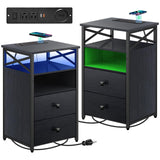 Livofloral End Table Set of 2 with Charging Station, Black Nightstands Set 2 with LED Light and Wireless Charger, Bedside Table with Wooden Drawers, Storage Night Stands for Bedrooms Set of 2 Livofloral
