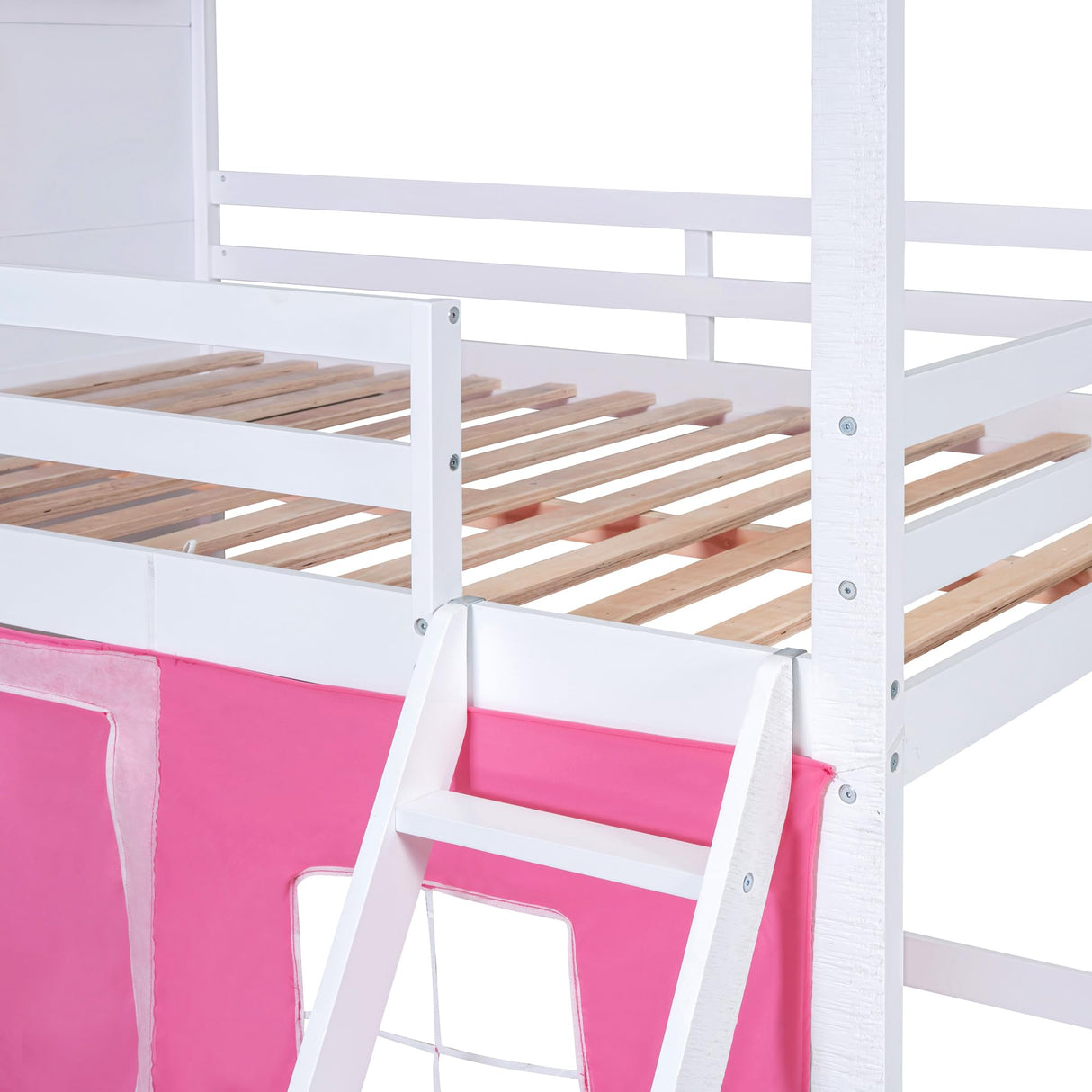 Harper & Bright Designs House Twin Loft Bunk Bed with Tent, Kids Loft Bed with Ladders,Guardrail, Windows and Roof, Wood Twin Over Twin Playhouse Bunk Bed for Kids Teens Boys & Girls (Pink & White) Harper & Bright Designs