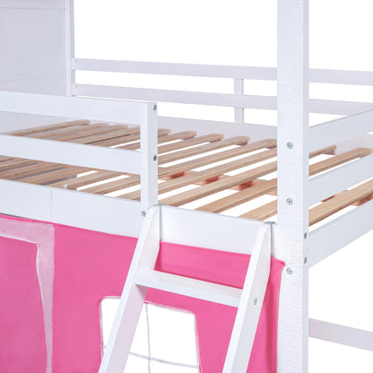 Harper & Bright Designs House Twin Loft Bunk Bed with Tent, Kids Loft Bed with Ladders,Guardrail, Windows and Roof, Wood Twin Over Twin Playhouse Bunk Bed for Kids Teens Boys & Girls (Pink & White)