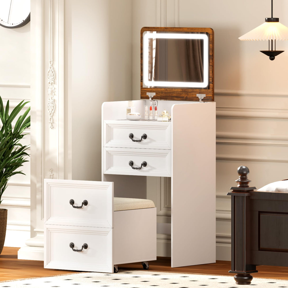 FONTOI Vanity Desk, 3 in 1 Vanity Desk with Hidden Chair, Farmhouse Vanity with Mirror and Lights, Small Makeup Vanity with Charging Station Storage Shelf for Bedroom, White & Brown FONTOI