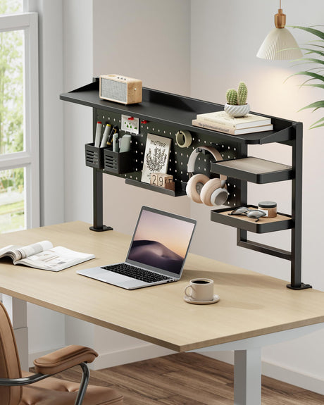 PEGZONE Clamp on Desk Shelf, 44" Desktop Shelving System with Pegboard and Accessories, Desktop Organizer with 2-Tier Shelf, Desk Pegboard for Office Home Gaming, Black PEGZONE