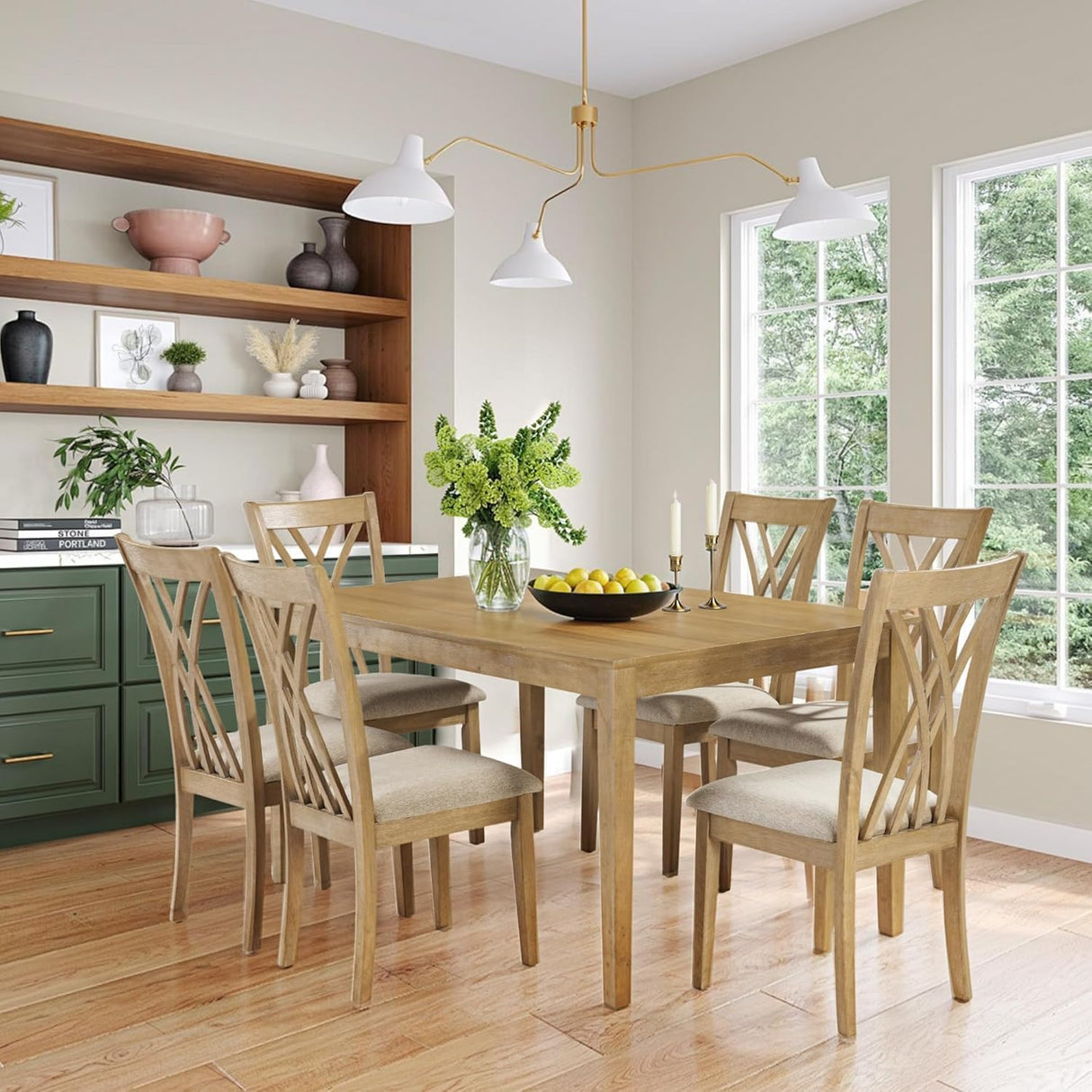 7-Piece Farmhouse Dining Table Set with 6 Upholstered Chairs & 60-Inch Solid Wood Table, Whitewash Finish - Rustic Kitchen Furniture, Padded Seats, Comfortable Dining Room Set for 6 SDHYL