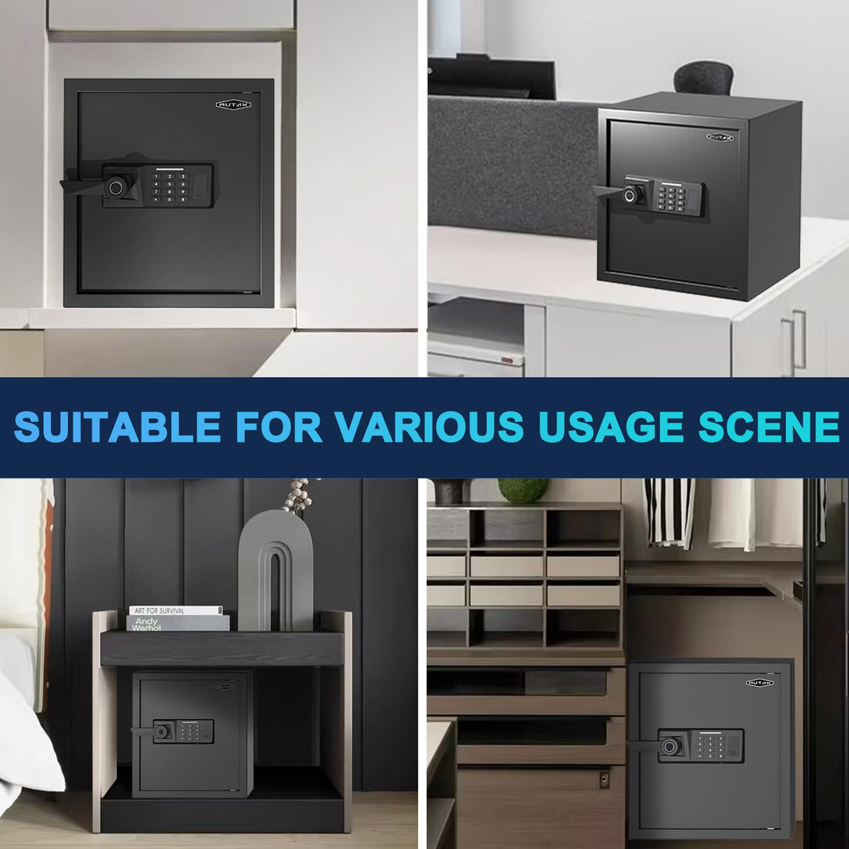 Mutak Smart Home Safe 1.5 Cub Biometric Safe Box, Quick-Access with Fingerprint Recognition Handle, Keys, Digital Keyboard, & Type-C Port, Equipped with Fireproof Bag&Alarm System, Bright LED Mutak