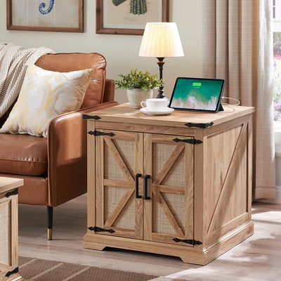 Barnyatoh Farmhouse Boho End Table with Charging Station, 24" Large Side Table with Rattan Barn Door, Rustic Wood Square Nightstand Bedside Table with Storage for Living Room, Bedroom, Natural