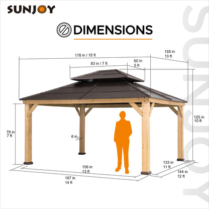 Sunjoy Hardtop Gazebo 13' X 15' Cedar Framed Wood Gazebo with Brown Double Steel Hardtop Roof Permanent Canopy for Garden, Backyard Shade… - WoodArtSupply