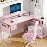 DOMICON Gaming Desk, 47 inch L Shaped Gaming Desk, Computer Desk with LED Lights & Adjustable Stand, Power Outlets, Storage Drawer, Reversible Gaming Desk with Shelves, Hook, Carbon Fiber Pink DOMICON
