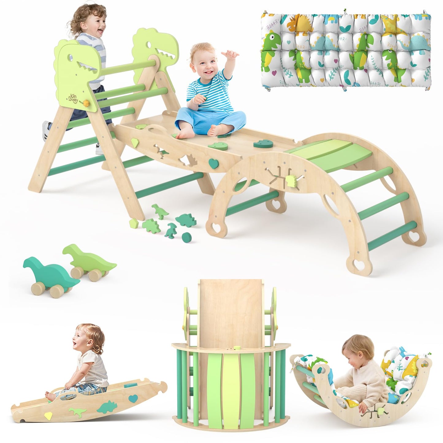 KidsBuddy Pikler Triangle Set with Cushion 9 in 1 Climbing Toys for Toddlers 1-3 Indoor Baby Climbing Gym Toddler Montessori Toys Wooden Climbing Toys with Maze Toys, Shape Sorting Toys, Dinosaur Car