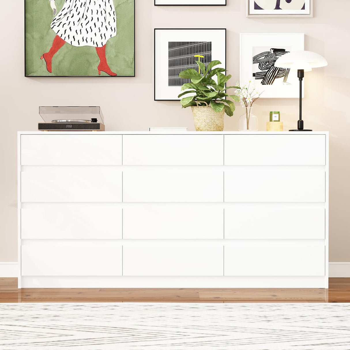 Homsee 12 Drawers Double Dresser, Modern Wood Dresser Chest of Drawers with Large Storage Space for Bedroom, White (63”L x 15.7”W x 31.9”H) Homsee