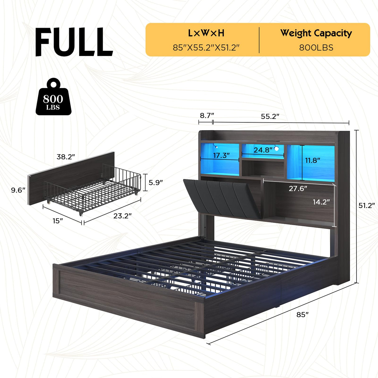 LUXOAK Full Farmhouse Bed Frame with Bookcase Headboard and 4 Drawers, LED Storage Bed with Charging Station & Linen Upholstered, No Box Spring Needed, Black LUXOAK