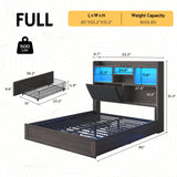 LUXOAK Full Farmhouse Bed Frame with Bookcase Headboard and 4 Drawers, LED Storage Bed with Charging Station & Linen Upholstered, No Box Spring Needed, Black LUXOAK