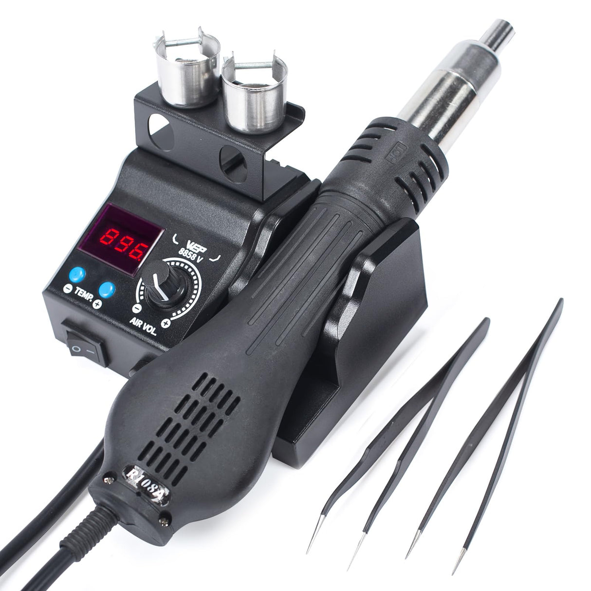 WEP 8858-V Hot Air Rework Station Kit with Compact Size, Integrated Nozzle Holder, 3 Nozzles, 2 Tweezers, Adjustable Temperature& Air Volume, PID Program, °C/°F Conversion and More WEP