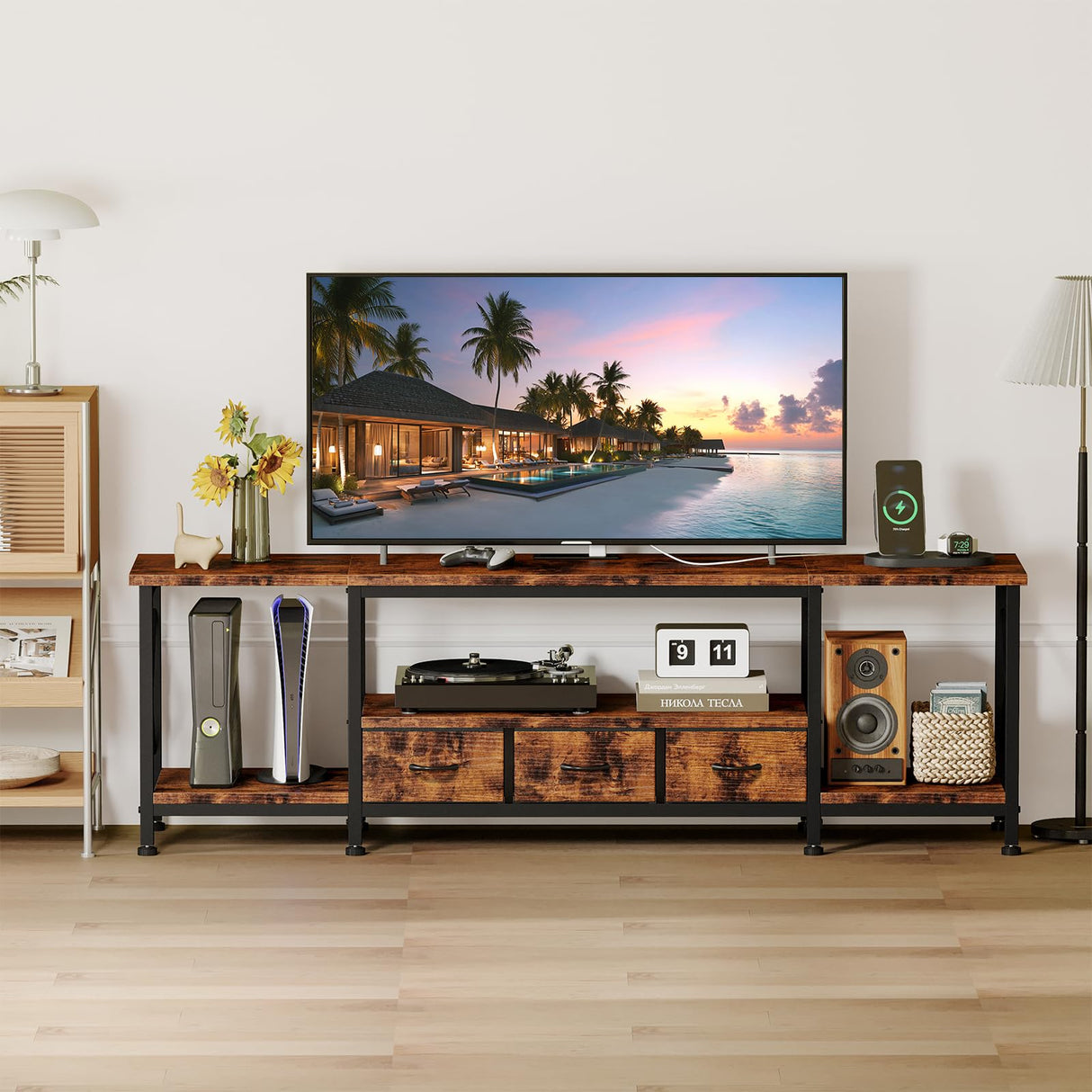 YGEOMER TV Stand for 75 Inch TV Entertainment Center with Power Outlets TV Console Table deepen with Fabric Drawers Metal Frame Storage Shelves and for Living Room, Bedroom 63" Rustic Brown YGEOMER