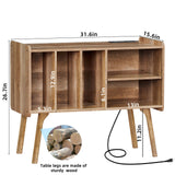 Lerliuo Record Player Stand with Charging Station Holds Up to 220 Albums, Large Turntable Stand with 4 Cabinet, Mid-Century Record Player Table,Oak Vinyl Holder Storage Shelf for Bedroom Living Room Lerliuo
