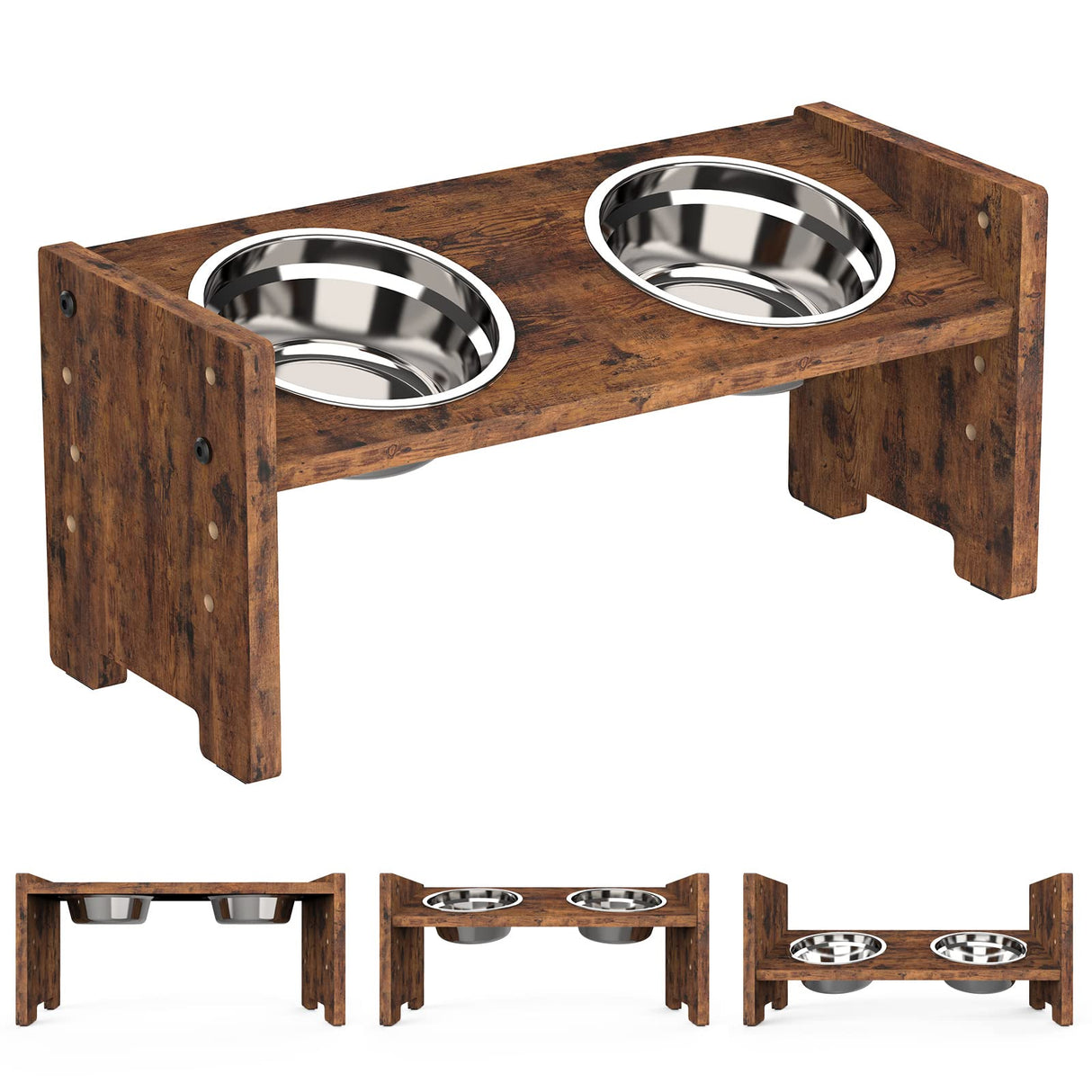 Vantic Elevated Dog Bowls - Adjustable Raised Dog Bowls for Small Dogs and Cats, Sturdy Rustic Brown Particle Board Dog Food Bowl Stand with 2 Stainless Steel Bowls and Non-Slip Feet Vantic
