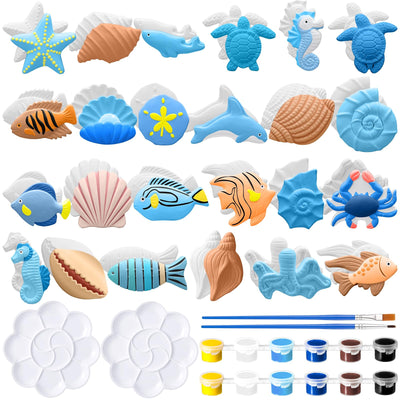 WinnerWhy 24 Pcs Summer Beach DIY Painting Ceramic Kit for Kids Paint Your Own Ceramic Unpainted Plaster Figurines with Tools for Kids Adults Home School Activity Party Favor(Ocean)