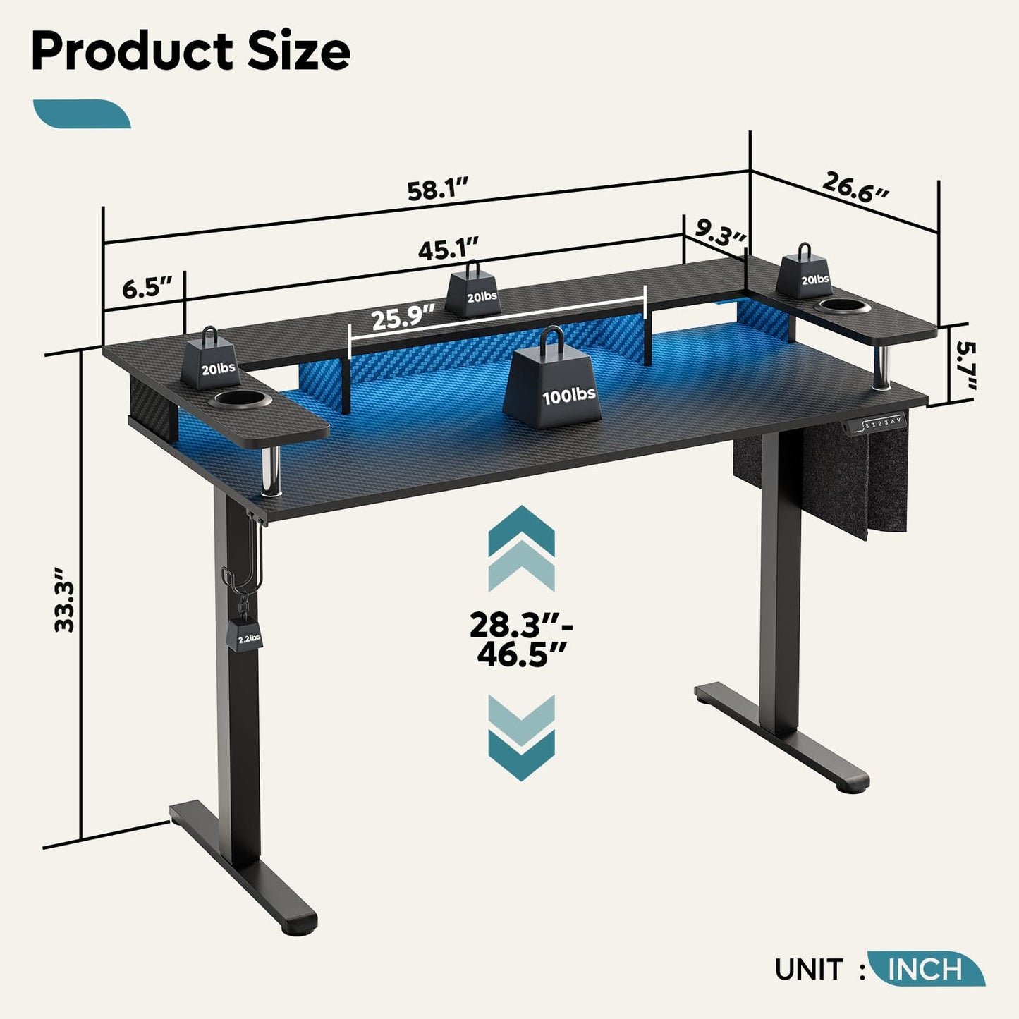 Bestier LED Gaming Electric Standing Desk Adjustable Height, 58x26 Inch Large Sit Stand Desk with Monitor Stand, Ergonomic Rising Office Desk with Headphone Hook & Storage Bag, 3D Carbon Fiber