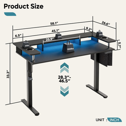 Bestier LED Gaming Electric Standing Desk Adjustable Height, 58x26 Inch Large Sit Stand Desk with Monitor Stand, Ergonomic Rising Office Desk with Headphone Hook & Storage Bag, 3D Carbon Fiber