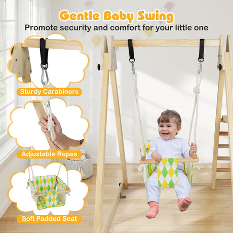 HONEY JOY Kids Indoor Jungle Gym, 4-in-1 Toddler Climbing Toy w/Baby Swing, Climber, Ladder, Climbing Ramp, Resting Platform, Wooden Montessori Playground Playset for Kids Aged 1+ (Natural) HONEY JOY