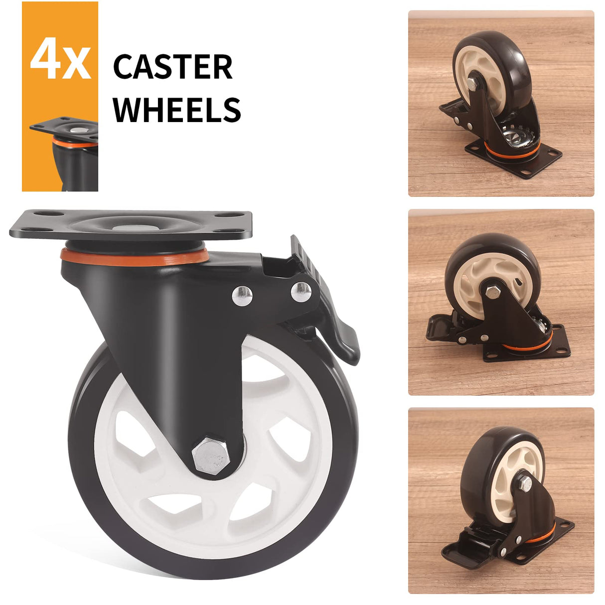 Wheels,5 Inch Caster with Brake, Casters Set of 4 Heavy Duty 2000Lbs with Safety Dual Locking, Industrial Swivel Casters, Polyurethane No Noise Wheels for Cart, Workbench(2 Hardware Kits Included) Ashxakv