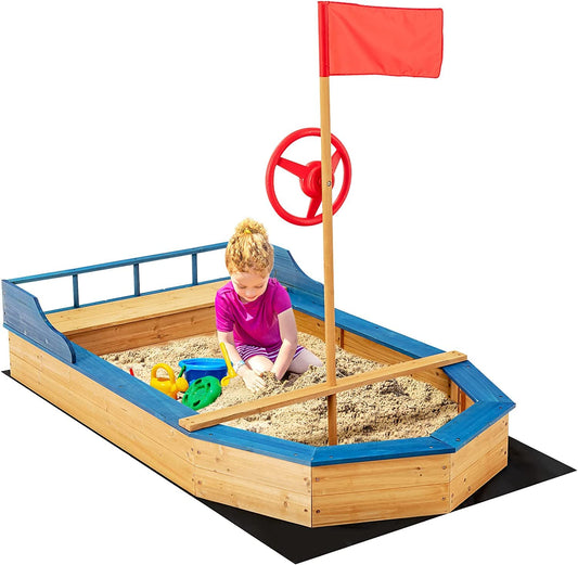 HONEY JOY Pirate Ship Kids Sandbox, Wooden Bottomless Sand Boat with Liner, Sand Pit w/Realistic Flag & Steering Wheel, Storage Bench Seat w/Backrest, Outdoor Sand Boxes for Kids Backyard