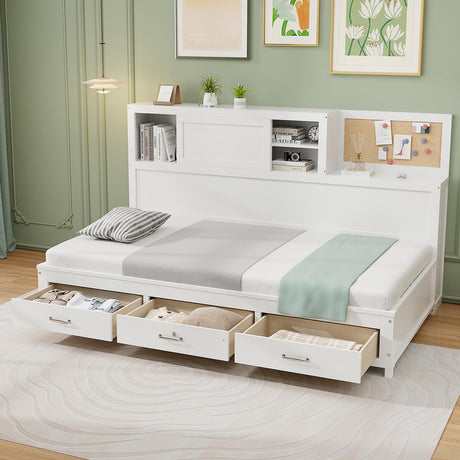 Giantex White Twin Daybed with 3 Storage Drawers, Cork Board & Sliding Door Giantex