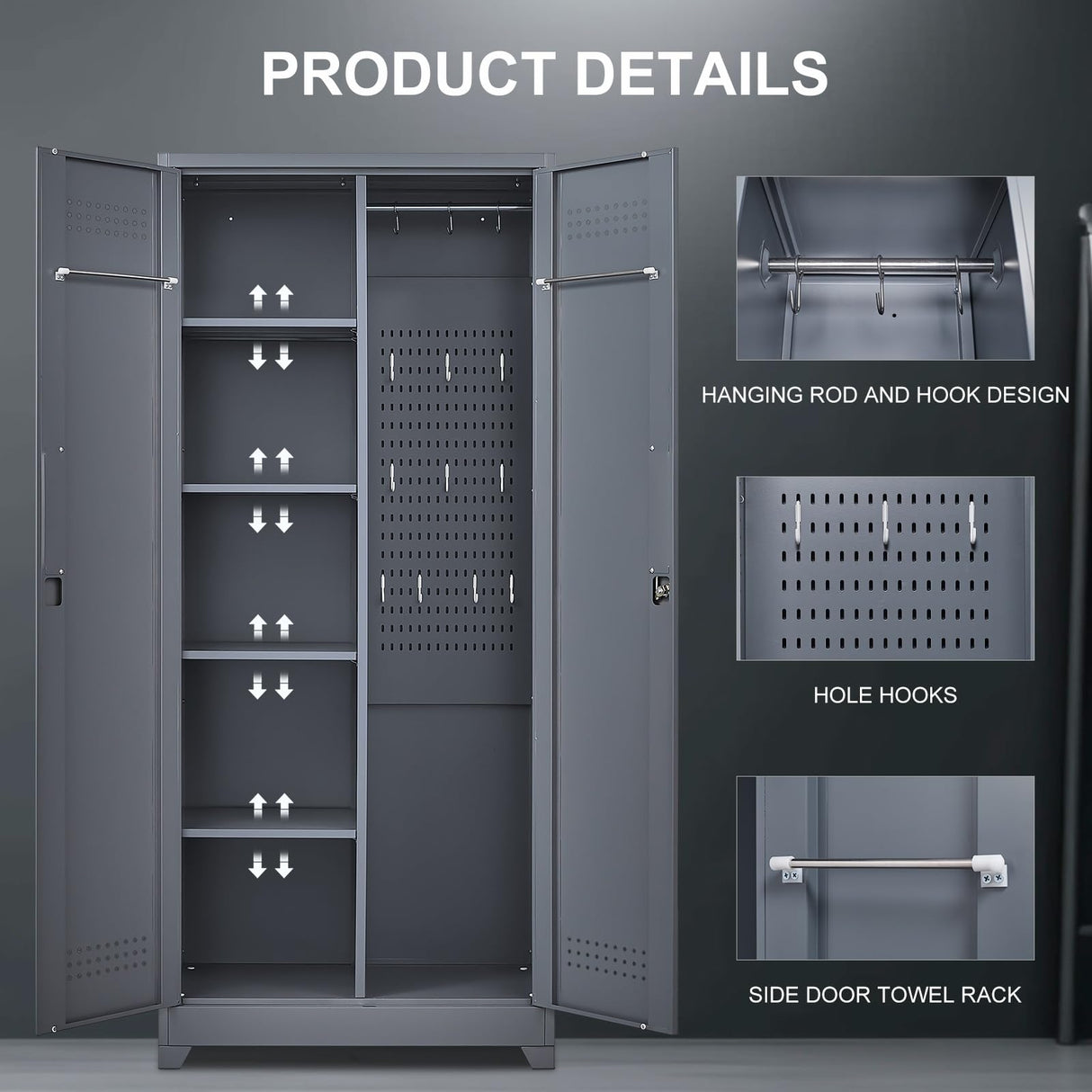 FLEXIMOUNTS 73'' Tall Metal Storage Cabinet with Locking Door, Large Cleaning Tool Organizer for Brooms, Garage, Laundry Room, Bathroom, Dark Grey FLEXIMOUNTS