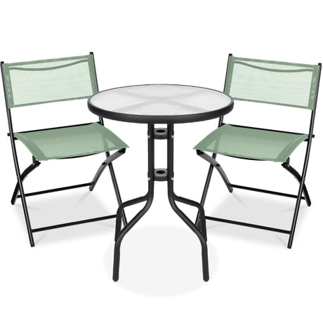 Best Choice Products 3-Piece Patio Bistro Dining Furniture Set w/Textured Glass Tabletop, 2 Steel Folding Chairs, Polyester Fabric - Sage Best Choice Products