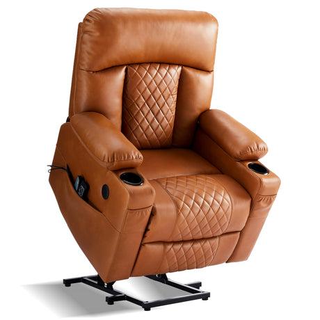 Eiayeebil Dual Motor Power Lift Recliner Chairs with Heat and Massage for Elderly, Leather Recliners with Extented Footrest,Infinite Position Lift Chair with Cupholder,USB & Type C Ports(Light Brown) Eiayeebil