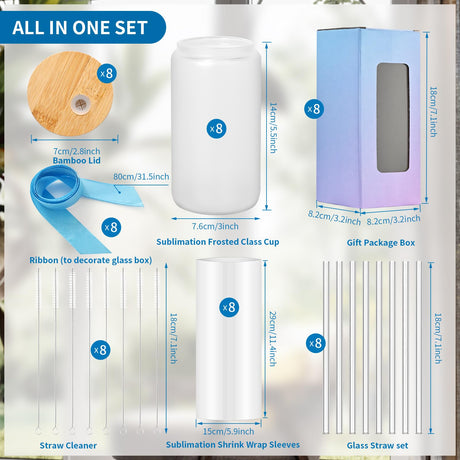 MAFYE Sublimation Glass Blanks With Bamboo Lid, 16OZ Frosted Sublimation Beer Can Glass with Glass Straws Gift Box Mason Jar Cups Mug Travel Tumbler for Beer, Juice, Soda, Iced Coffee, Drinks(8 PACK) MAFYE