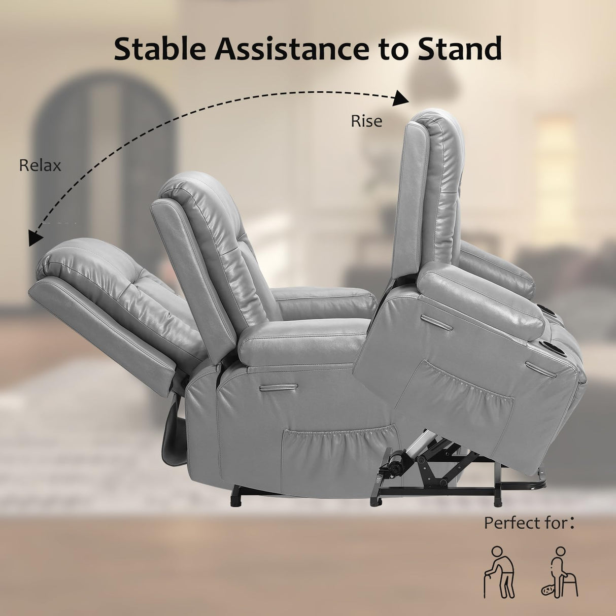 GarveeHome Faux Leather Power Lift Recliner Chair for Elderly, Lift Assist Recliner for Seniors with Heat and Massage Function, Reclining Sofa w/Pockets and Cup Holders CF8008 (Gray, Medium) GarveeHome