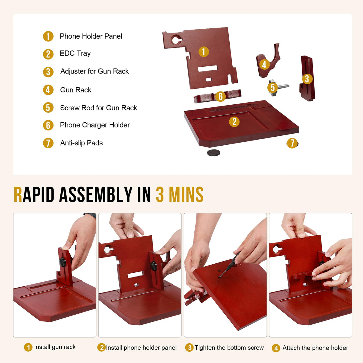 OneTigris Wood Phone Docking Station, Gifts for Men Nightstand Organizer Desk Organizer Beside Wallet Tray Watch Stand with Gun Rack, Anniversary Birthday Gifts for Dad Husband Boyfriend Fathers' Day OneTigris