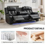 Manual Recliner Sofa Set 3 Piece with Wireless Charger for Living Room,Leather 3 Seater Reclining Couch with Bass Speaker and Loveseat Theater Seating,Home Electric Recliner Chair with LED Light,Black Comfort Stretch