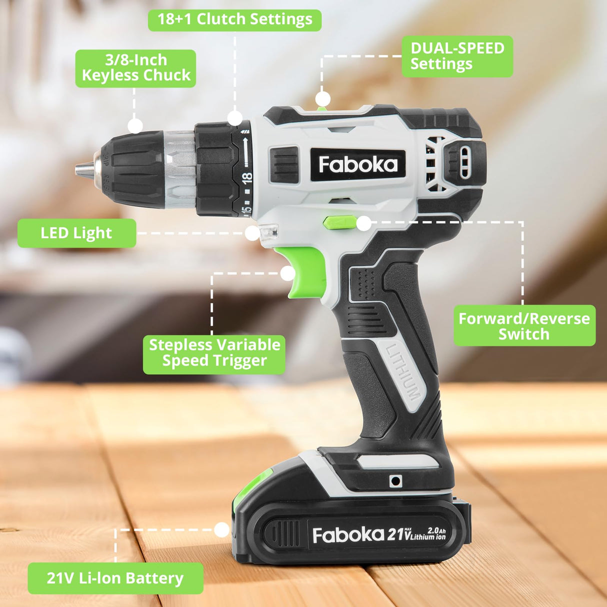 Faboka 21V Cordless Drill Set, Power Drills Kit with 2.0Ah Battery and Charger, Electric Driver/Drill Bits, Max Torque 40Nm, 3/8-Inch Keyless Chuck, Variable Speed, with LED Light FABOKA