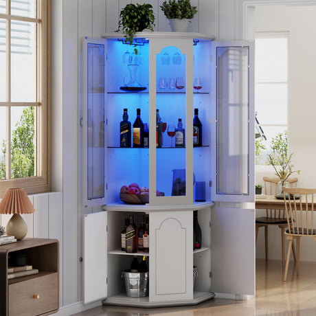 Gyfimoie Corner Bar Cabinet w/LED Lights, Tall Modern Wine Cabinet with Tempered Glass Door & Adjustable Shelves, Home Bar Liquor Storage Cabinet with Glass Rack for Living Room, Dining Room (White) Gyfimoie